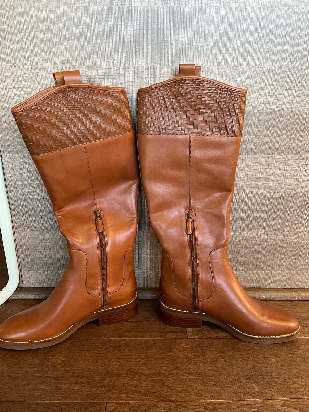 Cole Haan Cognac Leather Woven-Cuff Knee Boots